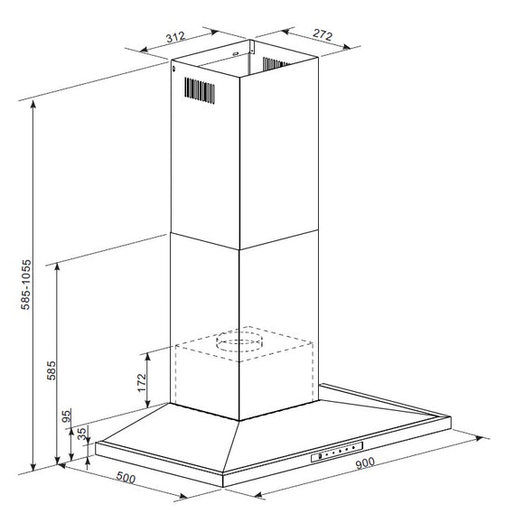 Award Low Noise Canopy Hood 90cm 900m3/h max. extraction Stainless Steel with Touch Control