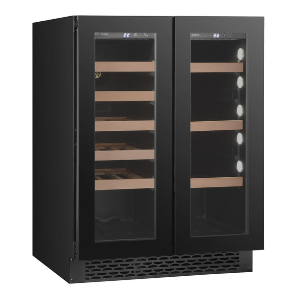 Award Underbench Wine and Beverage Fridge Dual Door 18 Bottle Capacity + 60 Litres Black Glass - Buyrite Appliances